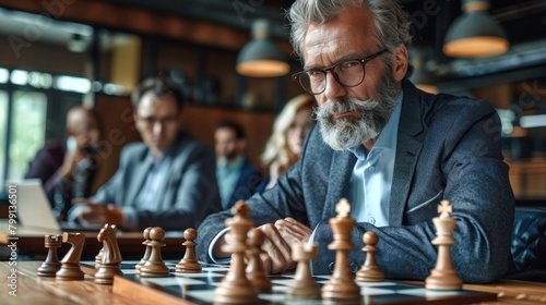 A man with an intense gaze focusing on a chess game, contemplating his next strategic move in a high-stakes match.