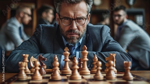 A man with an intense gaze focusing on a chess game, contemplating his next strategic move in a high-stakes match.