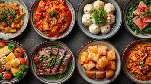 Top view of a set of food plates on a white background