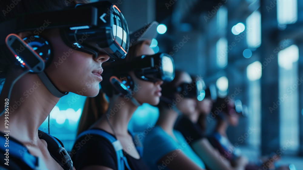 A group of women wearing virtual reality goggles. The scene is one of excitement and anticipation as they prepare to enter a virtual world A group of women wearing virtual reality goggles. The scene is one of excitement and anticipation as they prepare to enter a virtual world