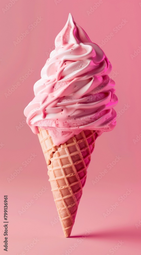 Pink ice cream in a wafer cone on a pink background. Pink ice cream in a wafer cone on a pink background.