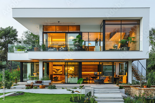  A wide angle shot of the exterior front view of an elegant and modern house with large glass windows, white concrete walls, grey roof tiles, green lawn grass, terrace with seating area.