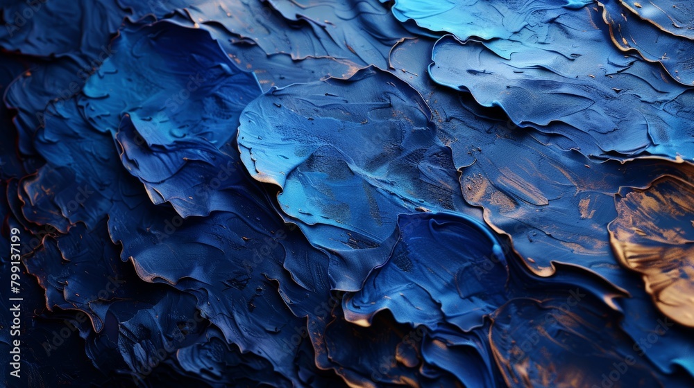 A textural abstract composition with a rough, impasto surface painted in shades of cobalt blue and burnt sienna, creating a sense of depth and movement A textural abstract composition with a rough, impasto surface painted in shades of cobalt blue and burnt sienna, creating a sense of depth and movement