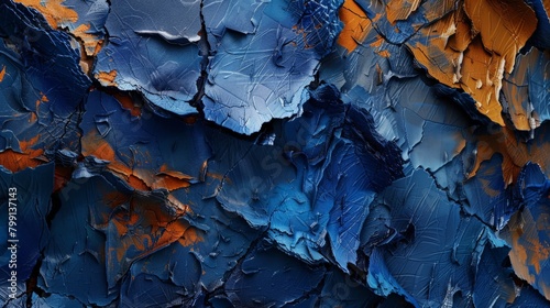 A textural abstract composition with a rough, impasto surface painted in shades of cobalt blue and burnt sienna, creating a sense of depth and movement  