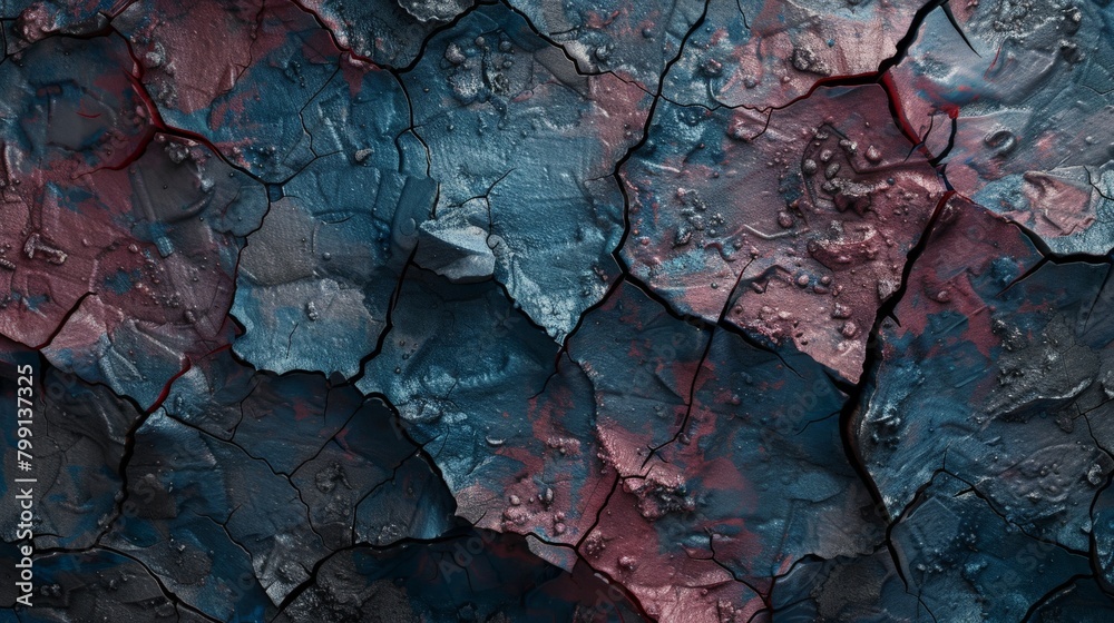 A textured abstract composition with a cracked and weathered surface painted in shades of cobalt blue and crimson, creating a sense of age and decay A textured abstract composition with a cracked and weathered surface painted in shades of cobalt blue and crimson, creating a sense of age and decay