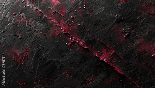 A textured abstract composition with a scratched and scraped black surface, overlaid with splatters of crimson paint 