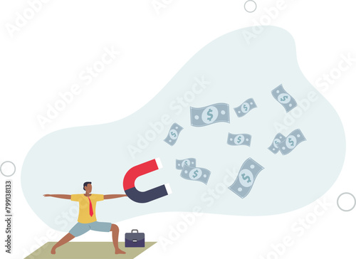 smart businessman hold high power magnet to draw money banknotes.flat vector illustration.