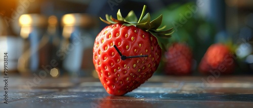 A 3D team alignment meeting with a strawberry clock ticking, symbolizing the urgency and ripeness of ideas photo