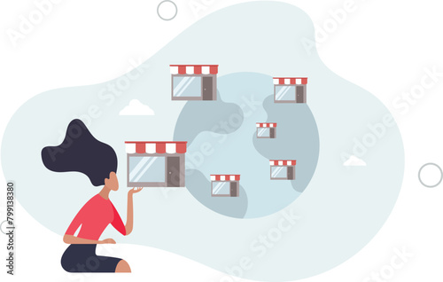 smart businesswoman expand store fronts around the world.flat vector illustration.