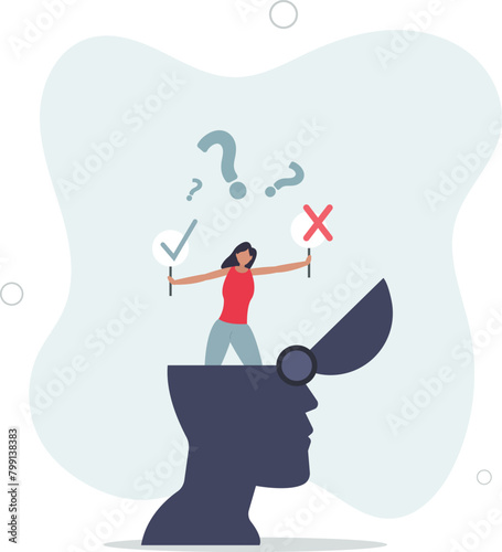 businesswoman in his head making decision right or wrong.flat vector illustration.