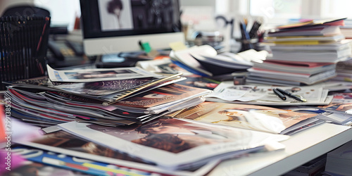 Close-up of a fashion editor's desk with fashion magazines and trend reports, showcasing a job in fashion journalism photo