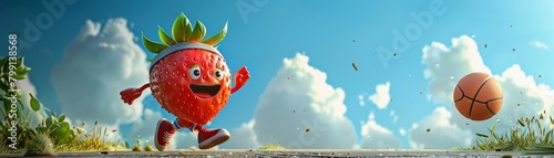 A sporty cartoon strawberry character with a headband and sneakers, dribbling a basketball photo