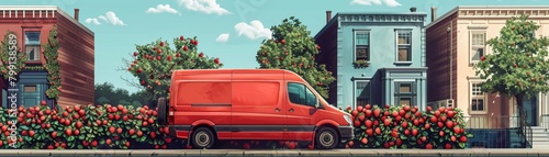 A strawberry delivery van distributing fresh strawberries in an urban neighborhood, community and freshness theme photo