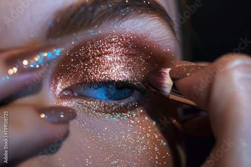 Sparkling Eyes Hands applying glitter eyeshadow, adding a touch of sparkle and festivity to the eyes photo