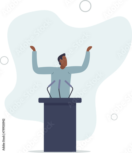 confidence businessman speaking in public on stage with podium, microphones, spotlight on.flat vector illustration.