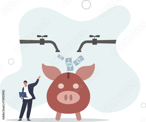 rich businessman standing with multi cash flow from pipe into wealthy piggy bank.flat vector illustration.