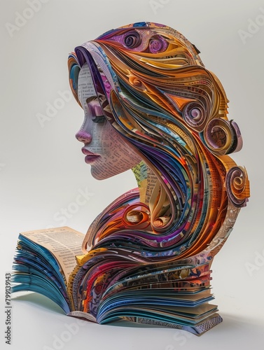 Sculpture made of books with intricate details in dynamic motion