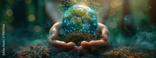 Global Connectivity and Care: Hands Holding Earth with Digital Roots