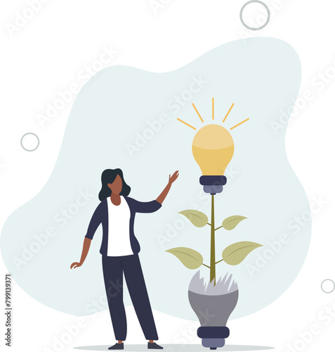 businesswoman look at seedling bright lightbulb idea plant grow from broken one.flat vector illustration.