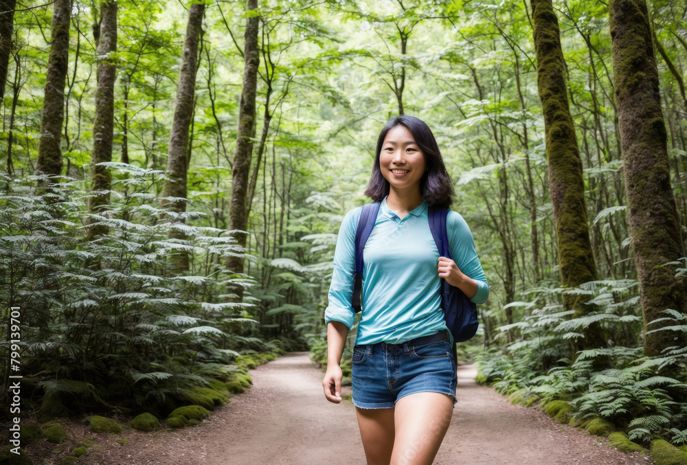 Upper body shot of a cheerful young Asian woman traveling, blurred green forest trail in the background.. AI generated. Upper body shot of a cheerful young Asian woman traveling, blurred green forest trail in the background.. AI generated.