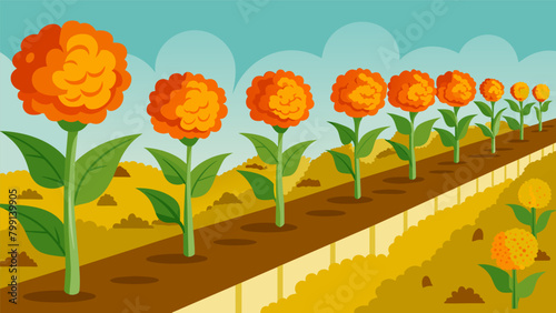A row of marigolds planted alongside a vegetable garden to repel harmful insects with their natural scent.