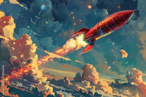 Retrostyle illustration of a strawberryshaped rocket from a 1950s scifi poster, vibrant and nostalgic photo