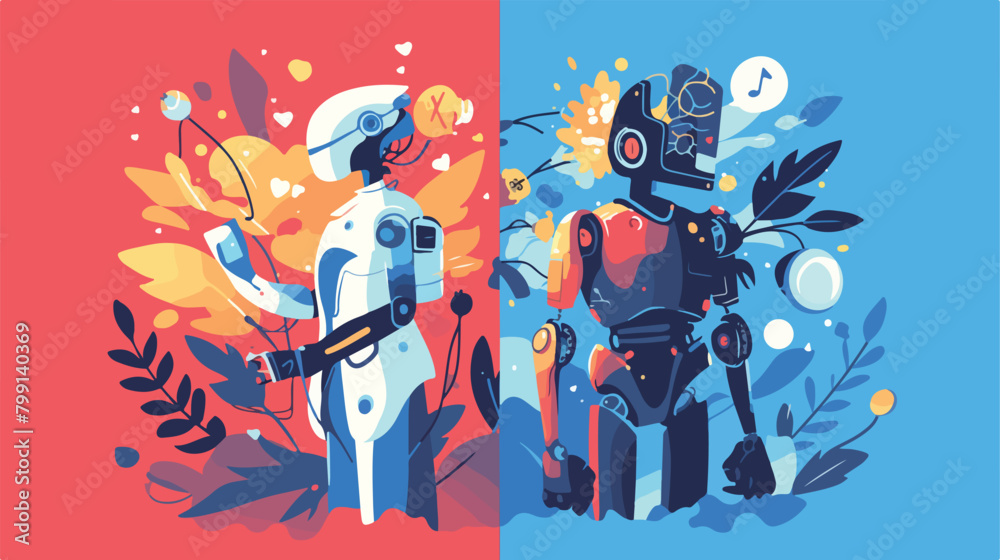 Robot versus human flat vector illustration set. Ma