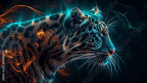 Leopards shine beautifully in neon light,ネオンライトで美しく輝いているヒョウ、Generative AI
 photo