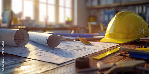 Close-up of a civil engineer's desk with blueprints and construction plans, illustrating a job in civil engineering