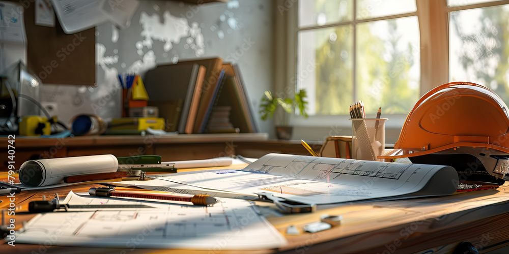 Close-up of a civil engineer's desk with blueprints and construction ...