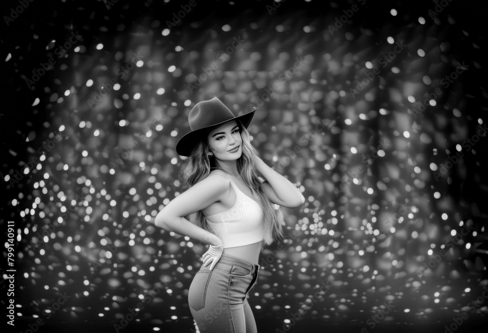 Beautiful lady with sparkling lights behind with had on black and white Beautiful lady with sparkling lights behind with had on black and white