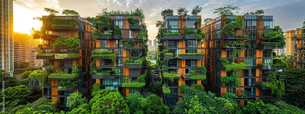 Fototapeta premium Green Cityscape: Panoramic View of Sustainable Urban Environment with Eco-Friendly Buildings