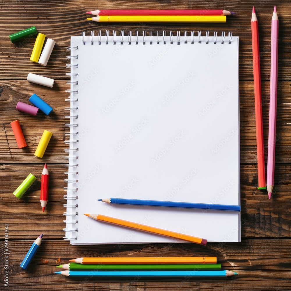 Creative Workspace: Top View of Wooden Desk with Pencils, Crayons, and Blank Page Creative Workspace: Top View of Wooden Desk with Pencils, Crayons, and Blank Page
