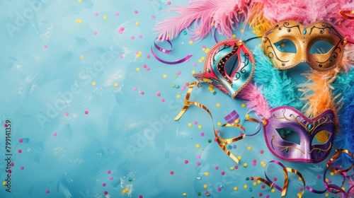 A blue background with a bunch of colorful masks and feathers. The masks are of different colors and sizes, and the feathers are scattered around them. Scene is festive and celebratory photo