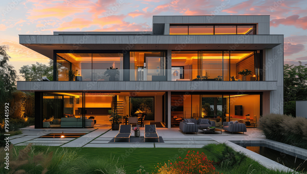 A modern two-story house with concrete walls, large windows and glass doors overlooking the garden at sunset. Created with Ai