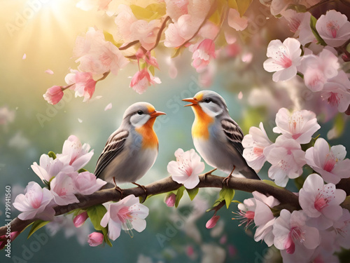 Flock of birds are singing happily on the branches of a tree with spring flower blossoms and sun light , spring season background
