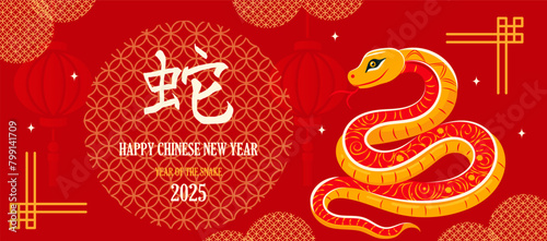 2025 Chinese New Year, year of the Snake. Chinese zodiac snake in geometric flat modern style.