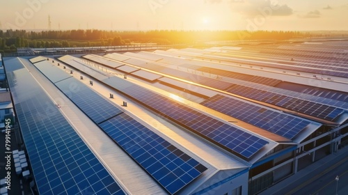 Aerial view of solar panels on factory roof. Blue shiny solar photo voltaic panels system product