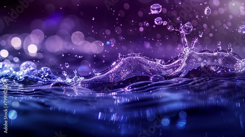 A photo of a close up of ocean waves, dark blue and purple colors, bubbles in the water, sun rays shining through. photo