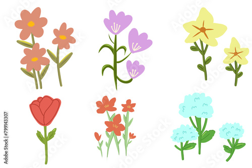 collection of flowers, clipart flower element design, cute drawing art style, group of set icon colorful flower 