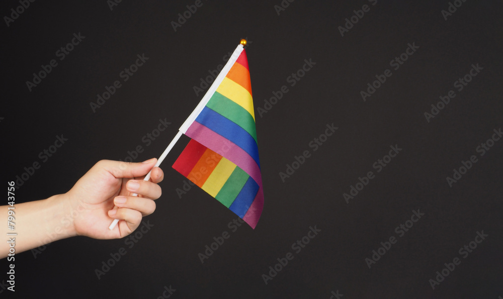 Hand is hold Rainbow pride flag on black ackground. Stock Photo | Adobe ...