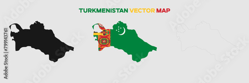 Turkmenistan Map Vector Pack. Map with Flag. Gray Map Silhouette. Gray Outline Map. Editable EPS file. 