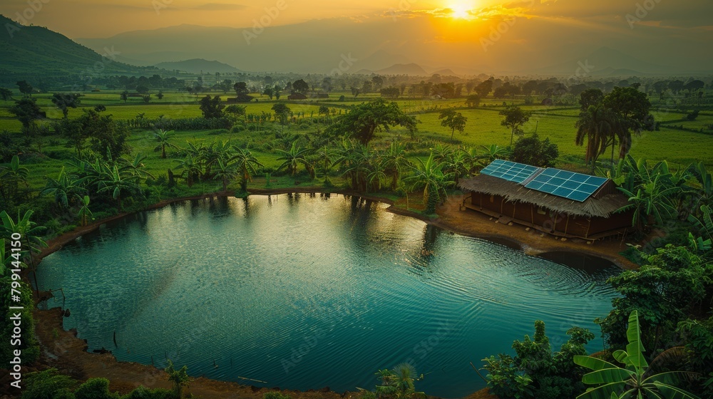 Fototapeta premium Serene View of Solar-Powered Water Purification System in Rural Village - Life-Changing Technology with Hopeful Community Impact