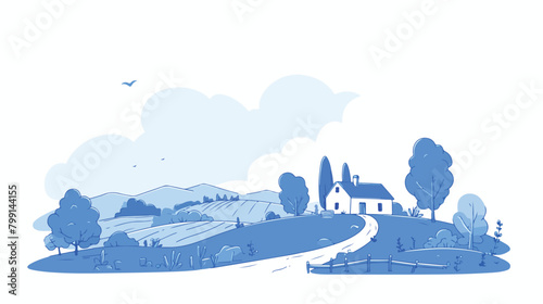 Rural landscape outline vector illustration. Blue l