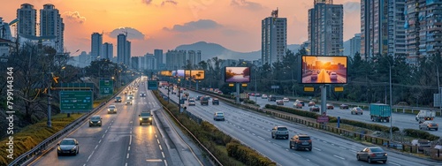 Innovative Pollution-Absorbing Technology: Billboards Along Highway Cleaning Air as Cars Pass By
