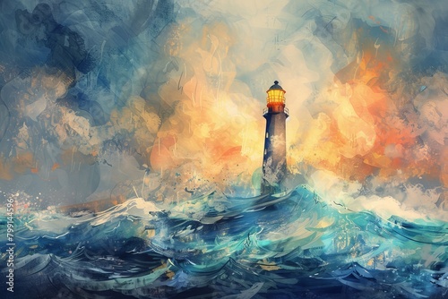 Illustrate a majestic ocean panorama with a towering lighthouse symbolizing leadership Show a diverse crew of sailors embodying teamwork amid turbulent waves in vivid watercolor style.  photo