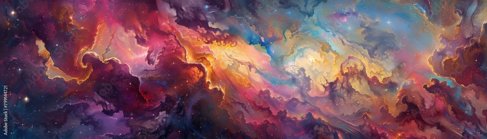 Immerse viewers in a cosmic journey, blending swirling galaxies with dreamy brushstrokes Capture the essence of space exploration through impressionistic landscapes. 