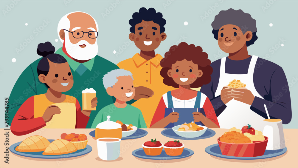 At the Juneteenth Soul Food Feast generations gather to savor the taste of home with dishes like fried chicken cornbread dressing and peach cobbler.. Vector illustration At the Juneteenth Soul Food Feast generations gather to savor the taste of home with dishes like fried chicken cornbread dressing and peach cobbler.. Vector illustration