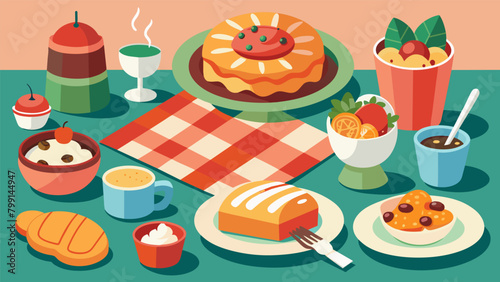 Delicious side dishes and desserts spread out on a checkered tablecloth showcasing the best of homemade cooking.. Vector illustration