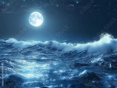 Moonlight illuminates the crests of crashing waves in shades of silver and blue against a dark blue background with twinkling stars 